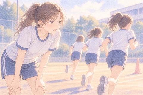 練習で周囲を見て焦る大人の女性