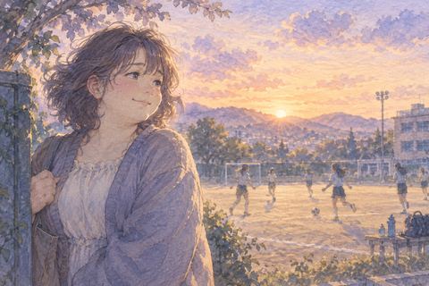 昔の部活風景を懐かしく見つめる大人の女性