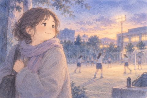 昔の部活風景を懐かしそうに眺める大人の女性