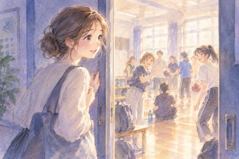 新しい部活の入口で仲間を見る大人の女性