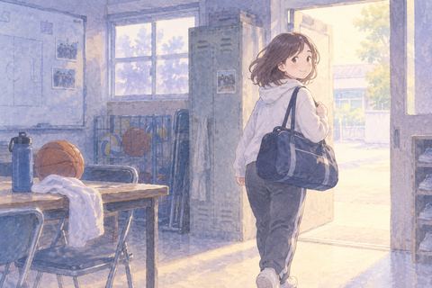 部室を後にする大人の女性