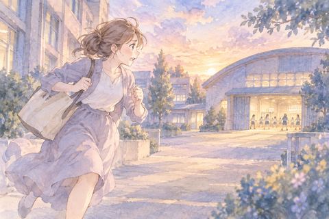 部活へ急いで走る大人の女性