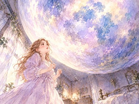 巨大な球体が迫り、圧倒されて立ちすくむ女性