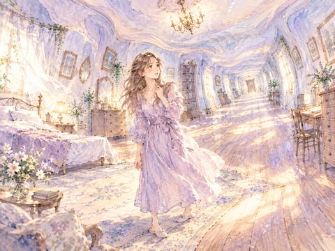 壁が曲がり、扉が遠くに見える不思議な部屋