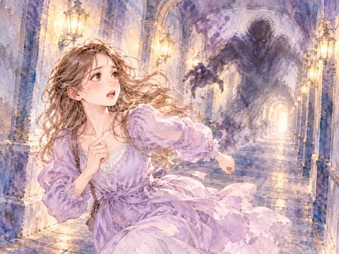 長い廊下で黒い影に追われて走る女性