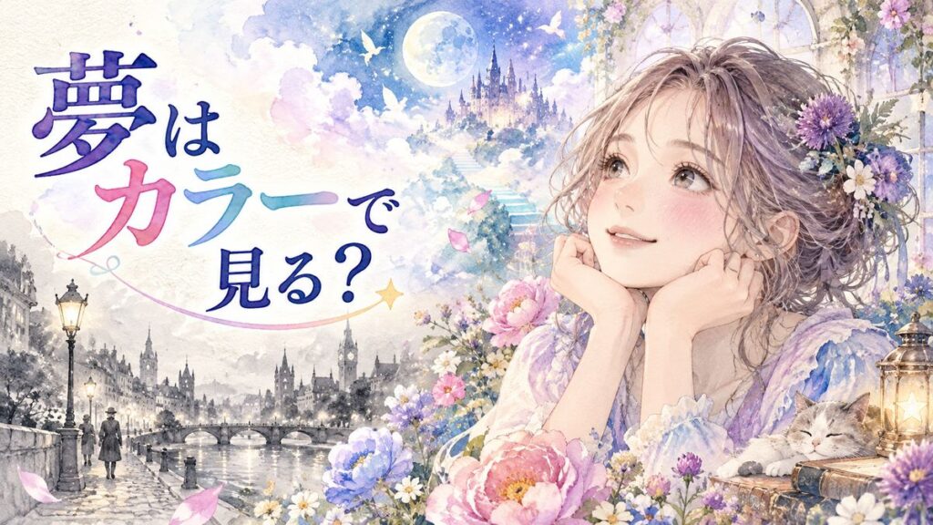 色鮮やかな夢の花や白黒の街を見つめる女性