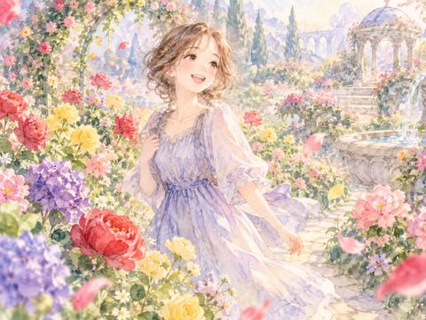 色とりどりの花が咲く庭を嬉しそうに歩く女性