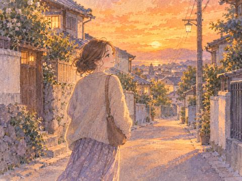 オレンジ色の夕暮れの帰り道を穏やかに歩く女性