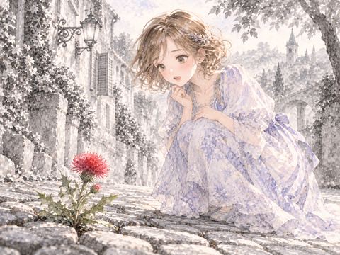 灰色の街で一輪だけ赤く咲く花を見つめる女性