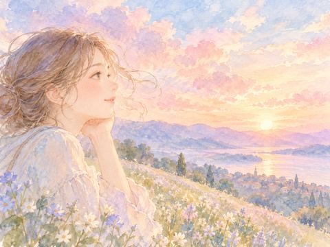 淡い桃色の朝焼けを眺めて穏やかに微笑む女性