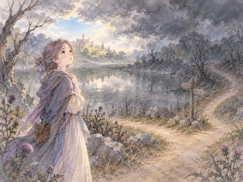 濁った池のそばで暗い空を不安そうに見上げる女性