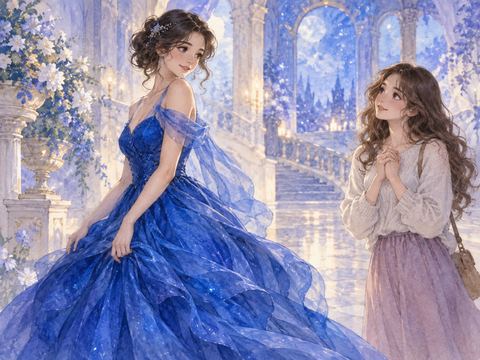鮮やかな青いドレスの女性を見つめて憧れる女性