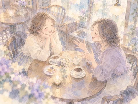 夢の中で懐かしい友人と笑顔で会話する女性