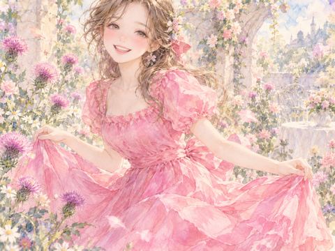 花が咲く庭で鮮やかなピンクのワンピースを喜ぶ女性