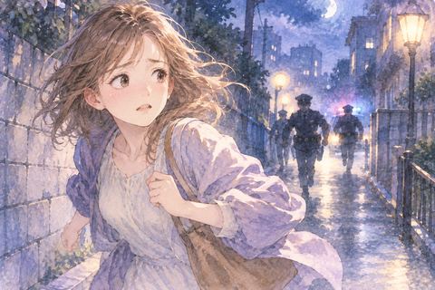 夜道を振り返りながら逃げる大人の女性