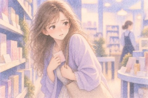 店の商品を手に周囲を気にする大人の女性