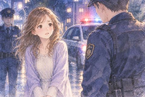 警察官の前で立ち止まる大人の女性