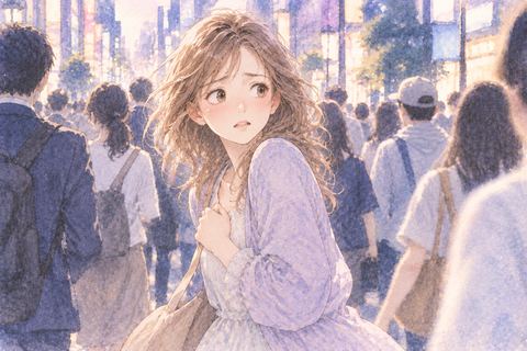 人混みで周囲を気にする大人の女性
