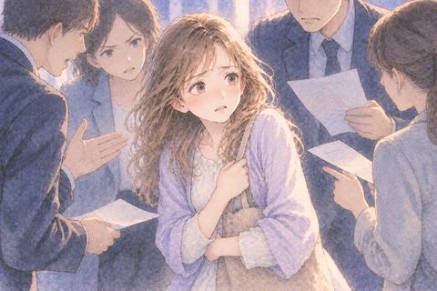 周囲に迫られ困った表情で立つ大人の女性
