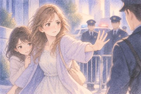 誰かをかばい前に立つ大人の女性