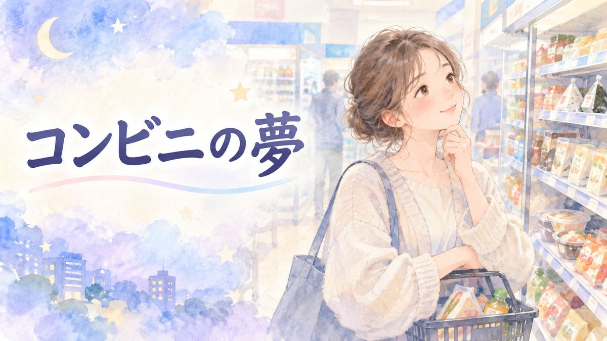 夢のコンビニで商品棚を見つめる大人の女性