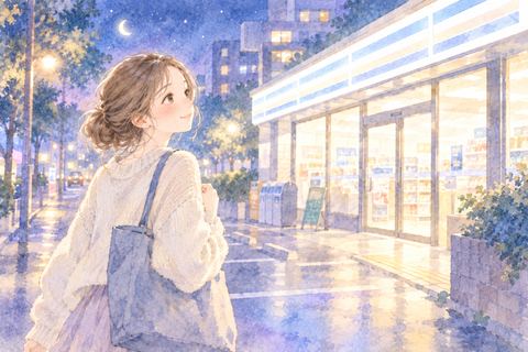 明るいコンビニへ向かって歩く女性