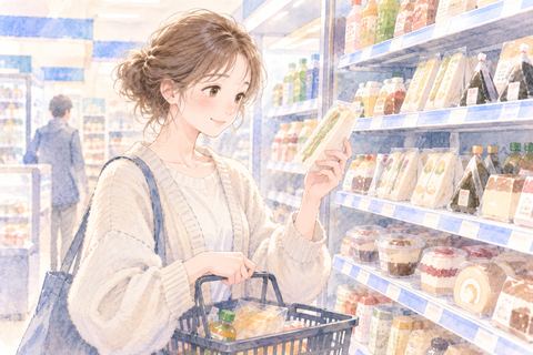 コンビニの商品棚から品物を選ぶ女性