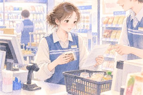 コンビニの仕事を覚えながら働く女性