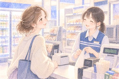 コンビニ店員と穏やかに話す女性