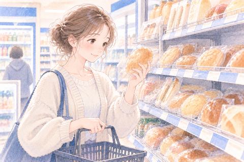 コンビニでパンを選ぶ女性