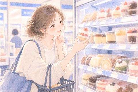 コンビニでスイーツを選ぶ女性