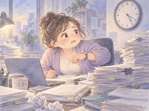 書類が積み上がる机で仕事に追われる女性