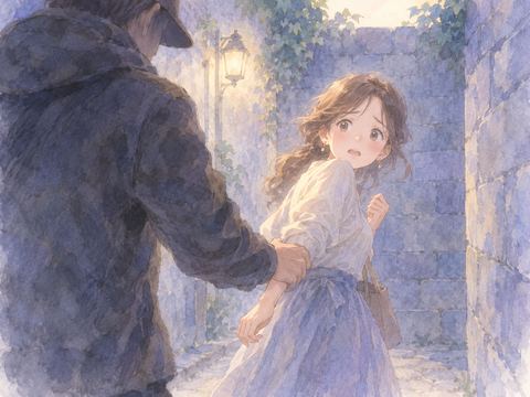 行き止まりで腕をつかまれ立ち止まる女性