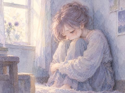 部屋の隅でしゃがみ込み涙を流す女性