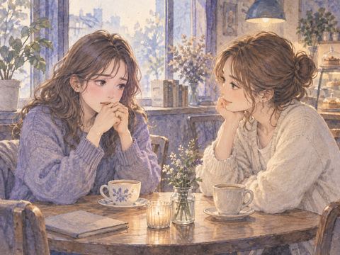 友人に悩みを相談し不安そうに話す女性