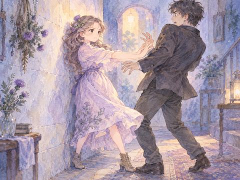 壁際で相手を押し返し毅然と立つ女性