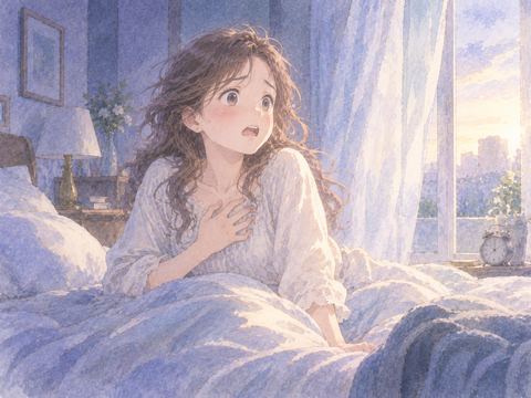 怖い夢から飛び起き胸に手を当てる女性
