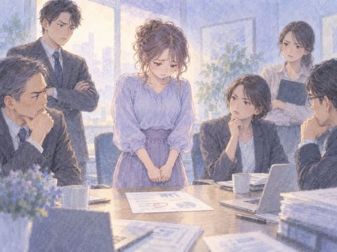 書類の間違いを指摘され困惑する女性