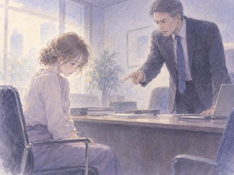 会議室で上司に叱責され肩をすくめる女性