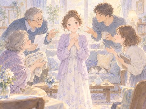 家族に囲まれて困った表情を浮かべる女性