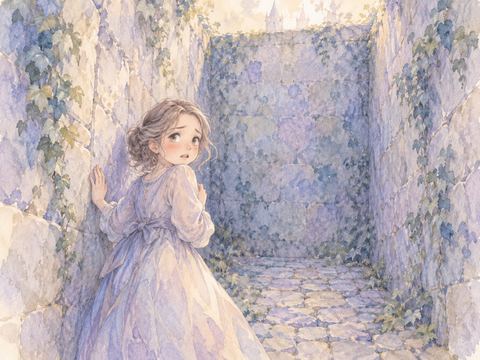 高い壁に囲まれた行き止まりで困惑する女性
