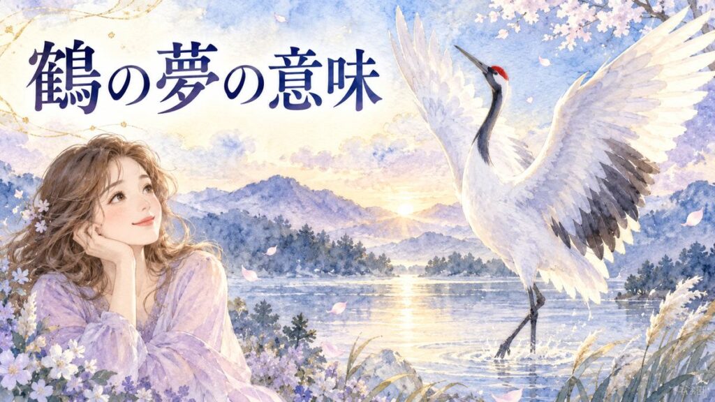 優しく微笑む大人の女性と水辺で翼を広げる美しい丹頂鶴