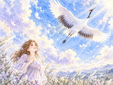 青空を高く飛ぶ鶴を清々しい表情で見上げる女性
