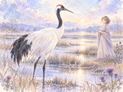 幻想的な森で黒い鶴を不思議そうに見つめる女性
