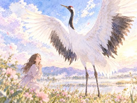 弱った鶴を優しく支えて安全な場所へ導く女性
