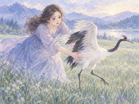 家の玄関先に現れた鶴を嬉しそうに迎える女性