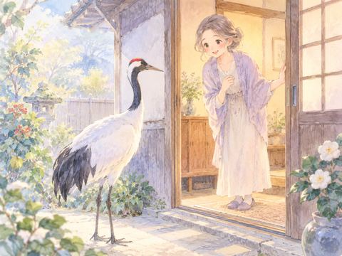 自分から近づいてきた鶴を優しくなでる女性