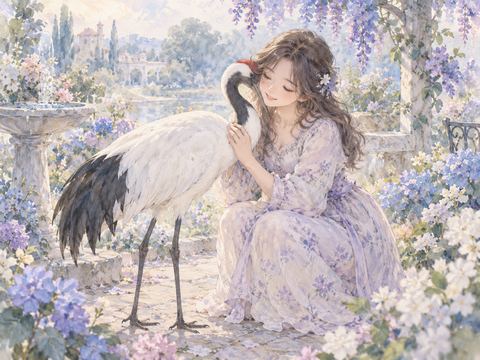 翼を広げて威嚇する鶴から身を引く女性