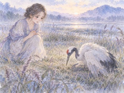 草の上で動かない鶴を悲しそうに見つめる女性