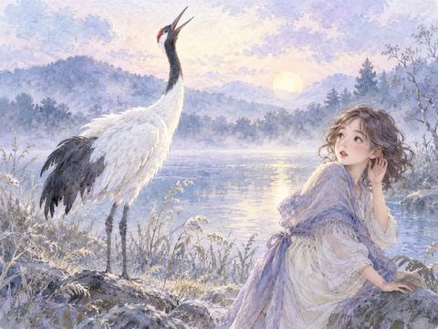 窓辺に飾られた一羽の折り鶴を優しく見つめる女性